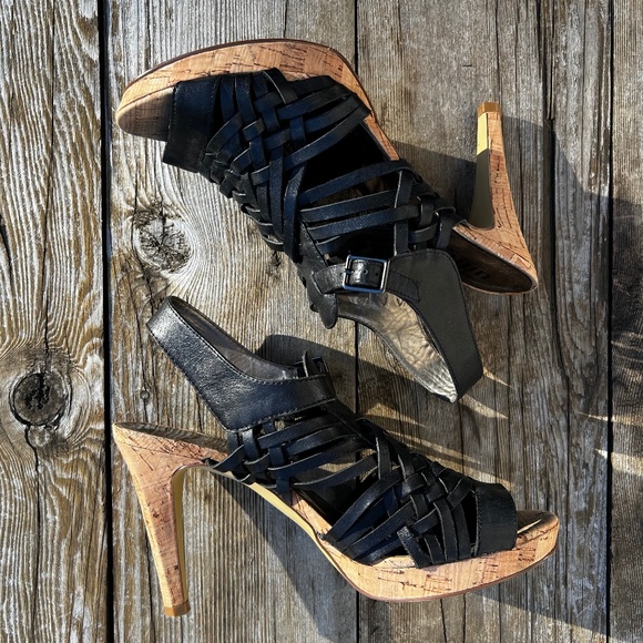 Cork & Black Leather Platform Sandals Strappy Heels Unity by Carlos Santana 9.5 - Picture 3 of 14